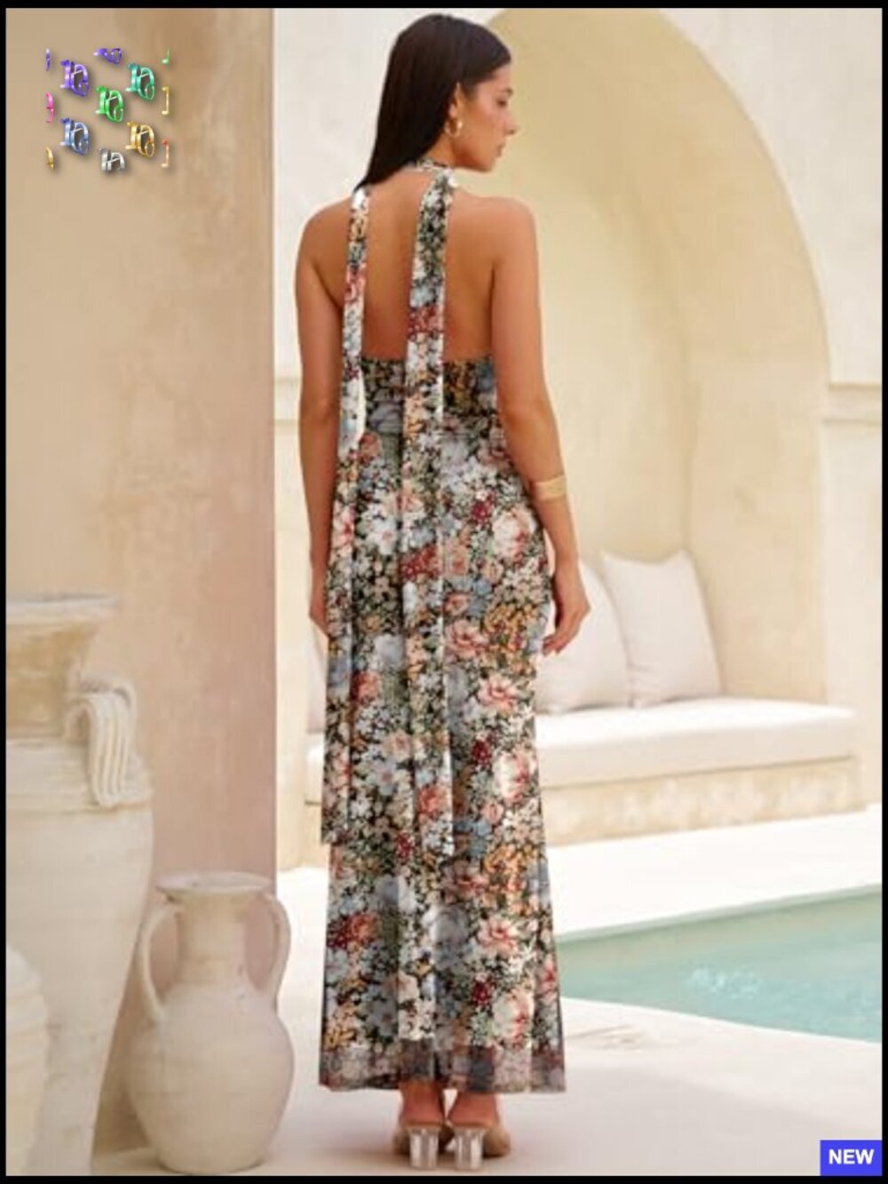 Halter Backless Maxi Dress Floral Mesh Bodycon Elegant Wedding Party Wear - Picture 6 of 7